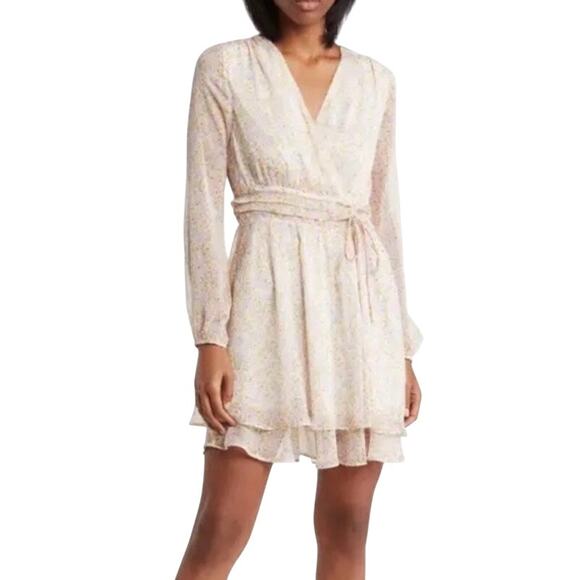 Elodie White Multi Floral Sheer Ruched Front Tie Surplice Mini Dress Medium NWOT - Picture 1 of 16